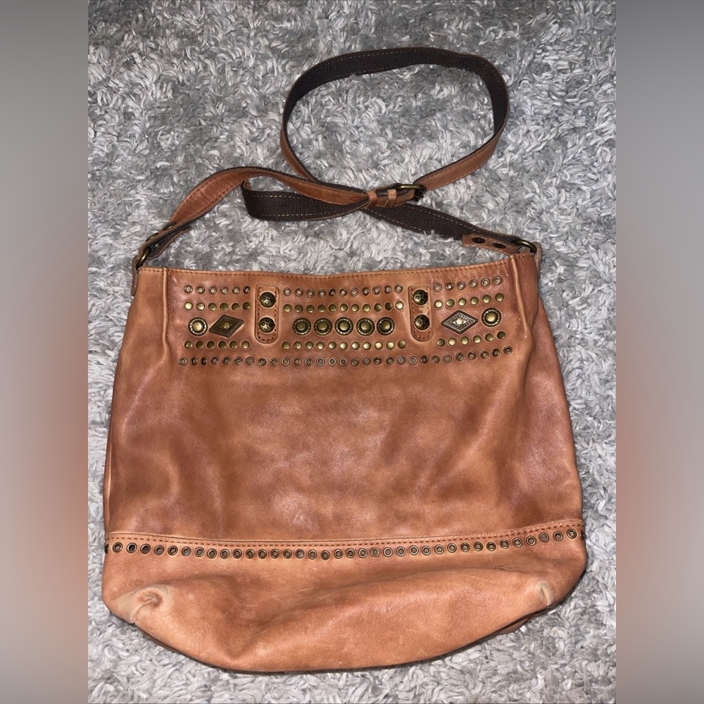 Patricia Nash Soft Shoulder Tote Bag Tan Studded Italian Leather Large